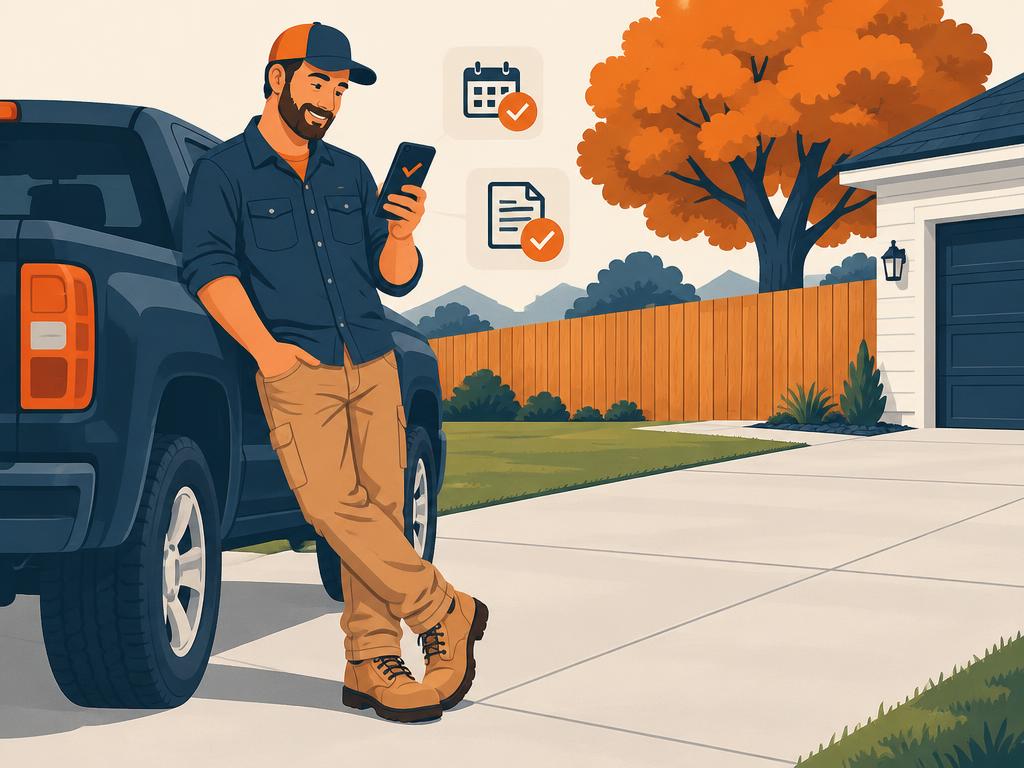 A contractor at a job site checking a newly booked job on their phone.